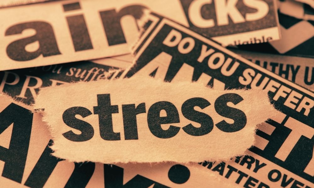 Torn up newspaper words in a pile, with the word "stress" on top.