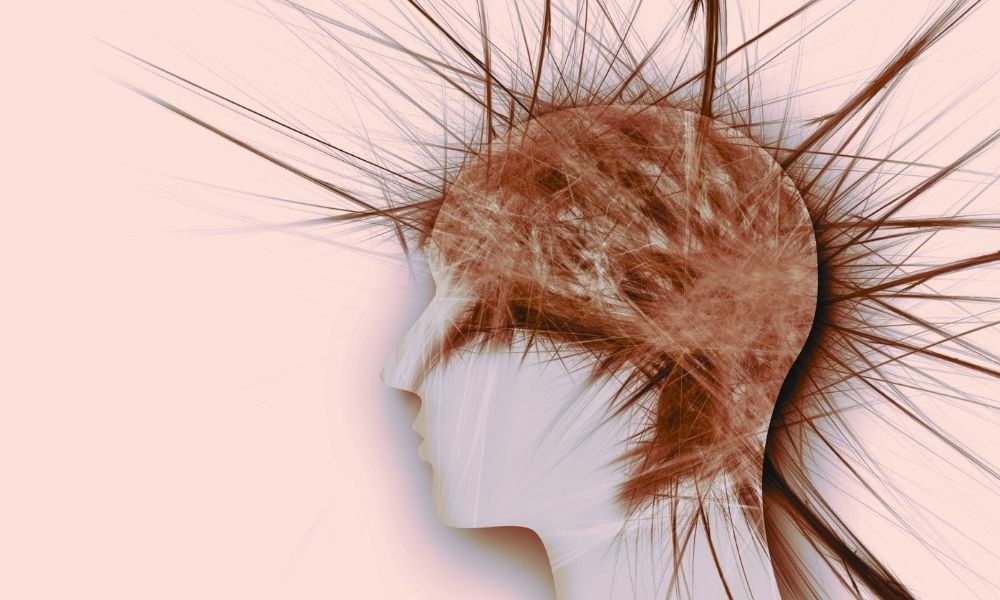 A profile of a human head with sharp spiky shoots coming from the brain signifying toxic stress and its toll.