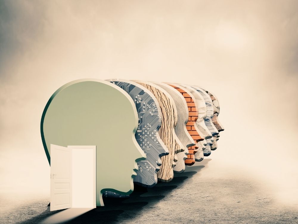 A row of head silhouette's with a door as entryway signifying the personal reasons for engaging in recovery from toxic stress and trauma.