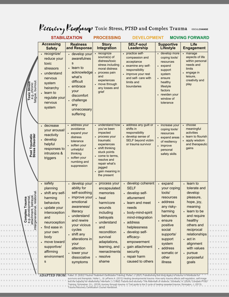 A  visual graphic of a detailed outline of the recovery roadmap from toxic stress, trauma and complex trauma.  